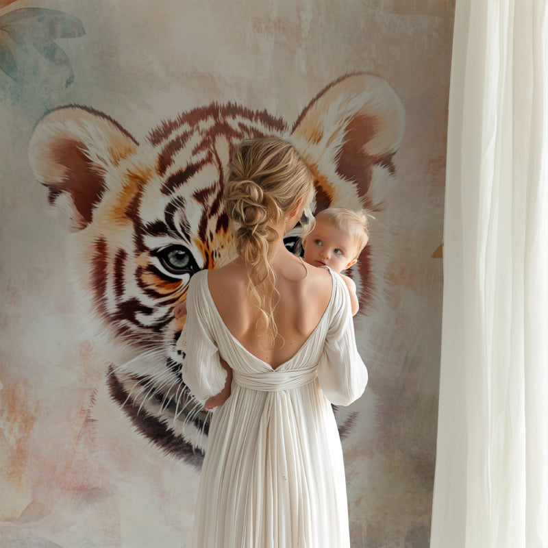 Tiger cub wallpaper creating focal point in minimal bedroom setting