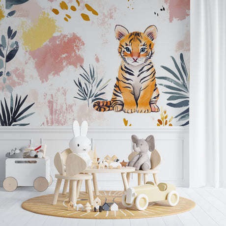 Tiger wallpaper mural in a bright nursery with white furniture showing scale and soft color impact
