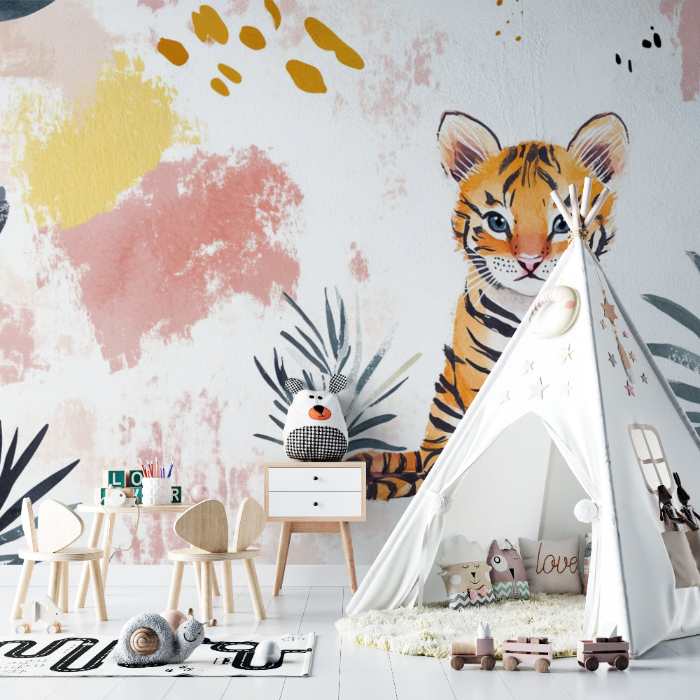 Watercolor tiger mural displayed in modern children's playroom with natural lighting