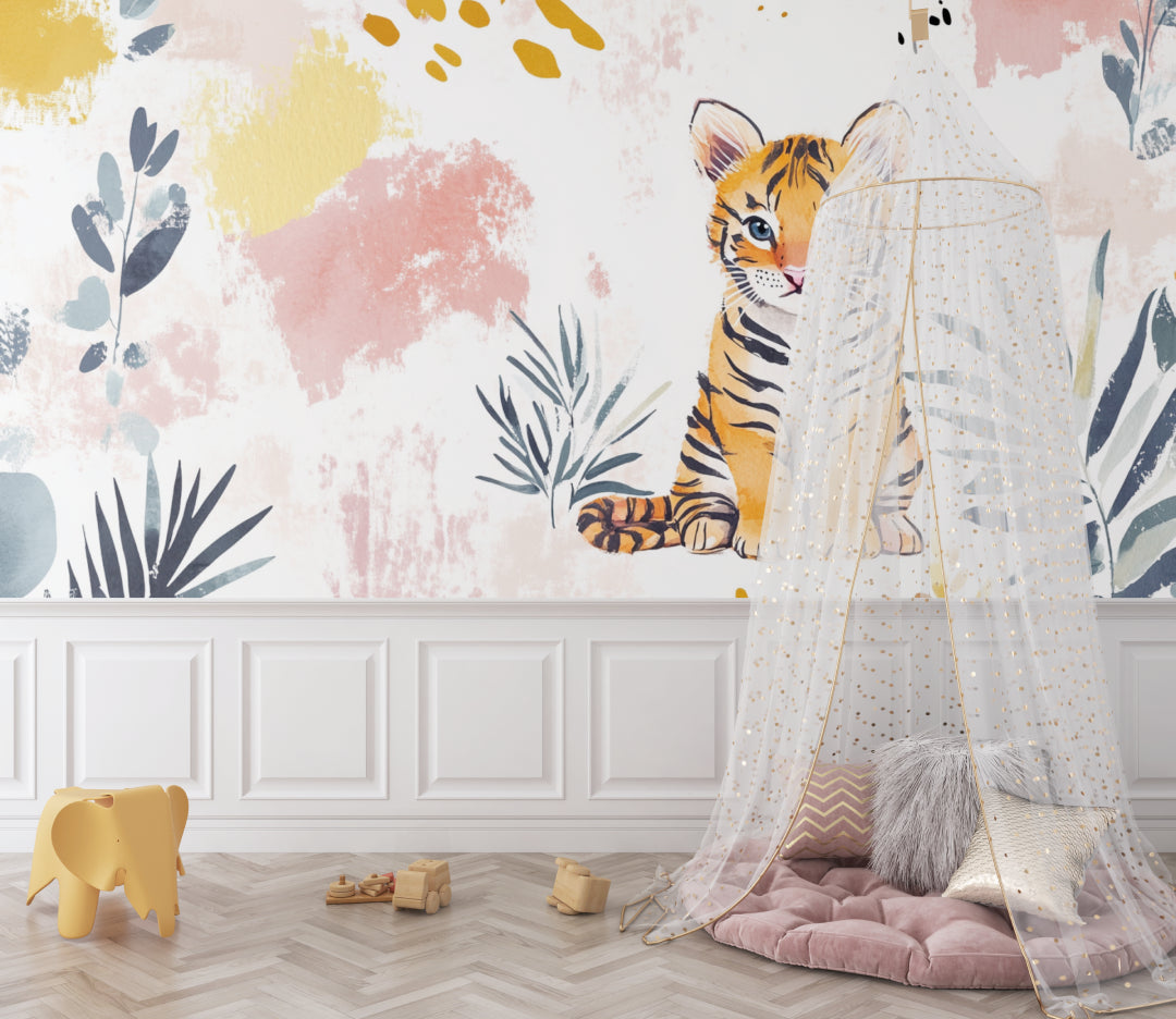 Baby tiger wallpaper creating focal point in neutral themed bedroom
