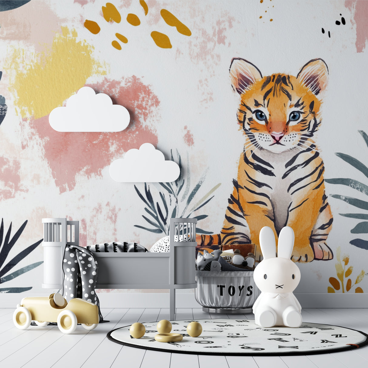 Jungle tiger mural showing pattern detail in reading nook corner