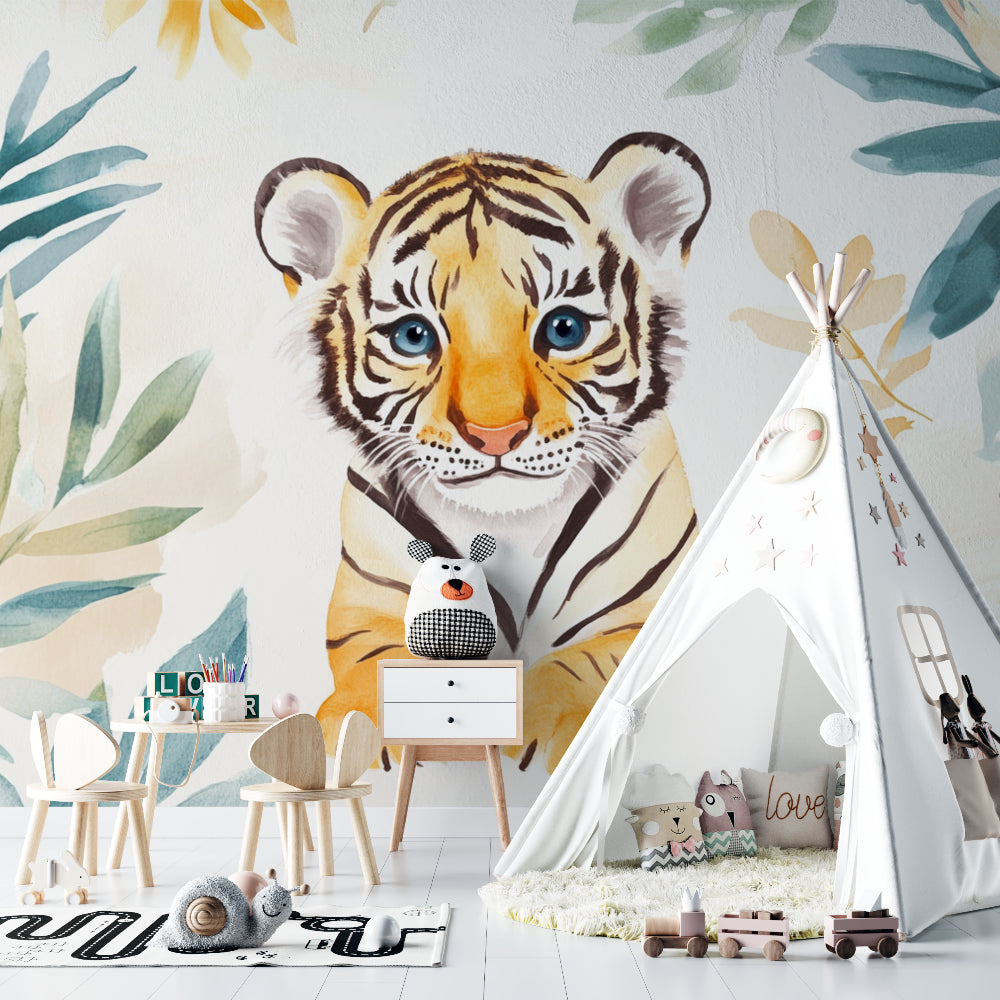 Watercolor tiger mural displayed in kids playroom with natural light