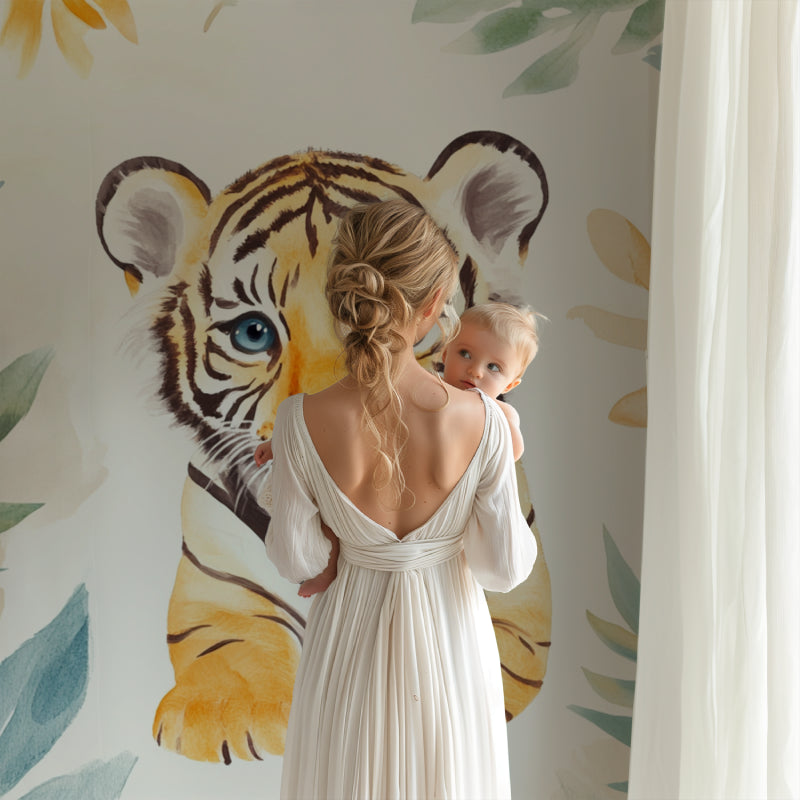 Jungle tiger wallpaper creating focal point in baby's room
