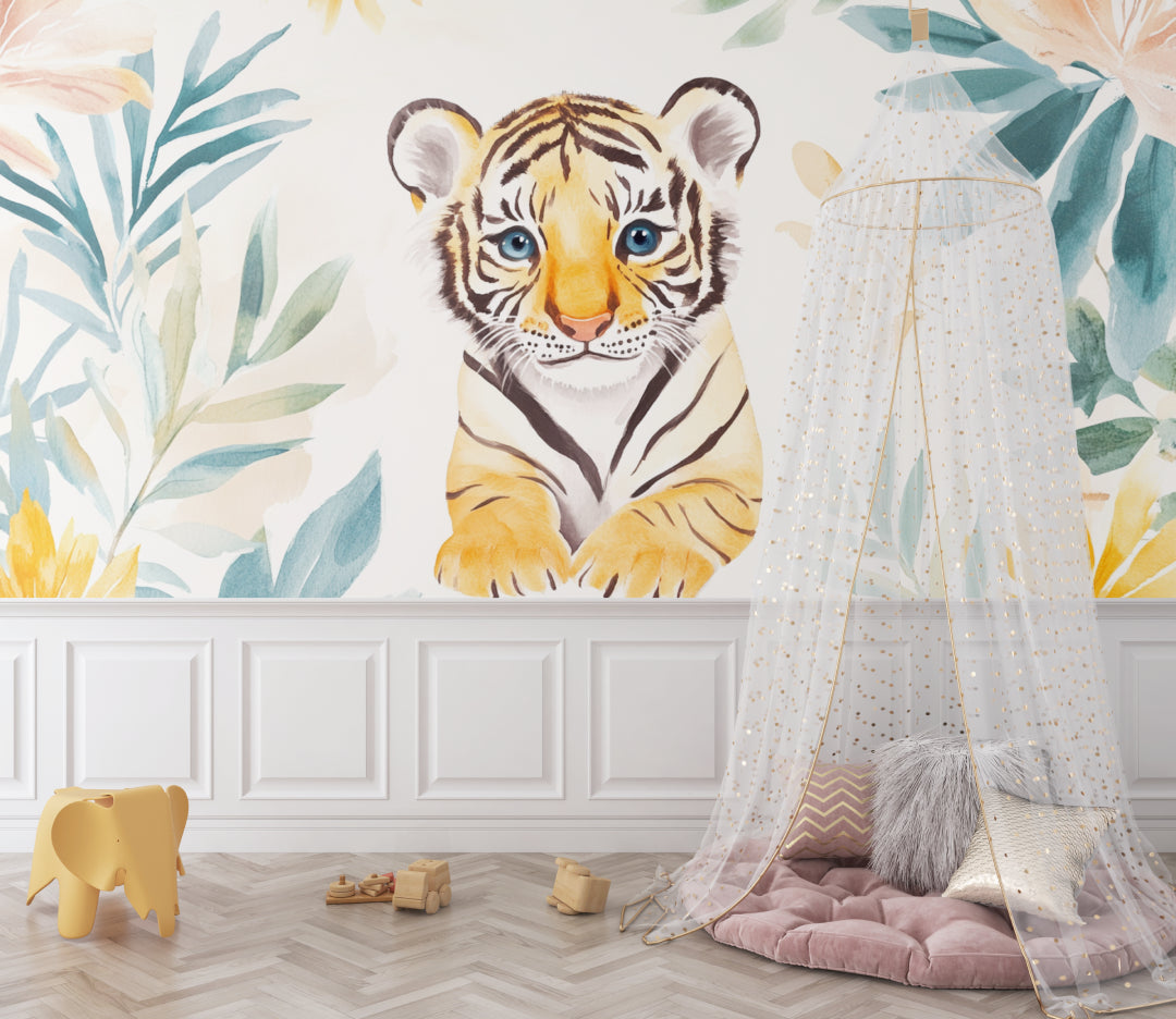 Tiger wall mural with blue eyes featured in cozy reading nook