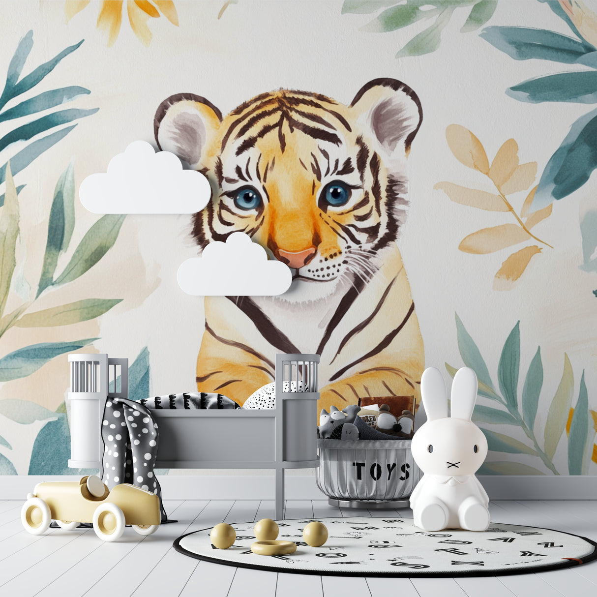 Watercolor tiger wallpaper bringing charm to child's bedroom