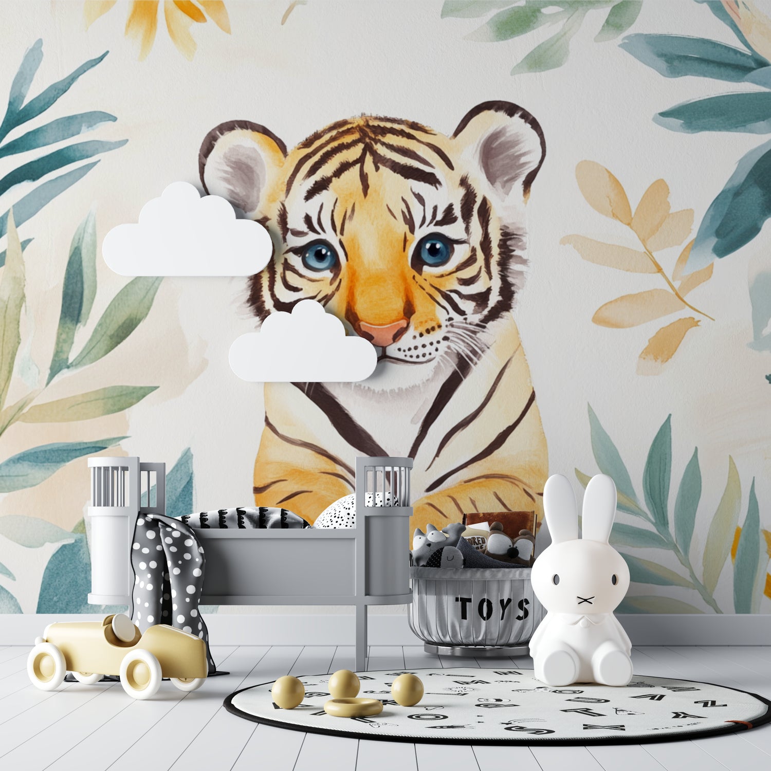 Watercolor tiger wallpaper bringing charm to child's bedroom