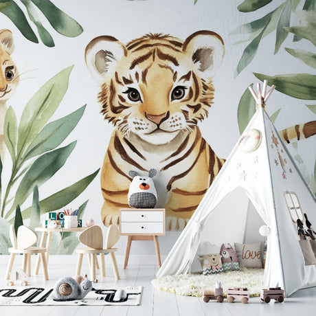 Tiger cub wallpaper mural styled in modern nursery with rocking chair and soft toys