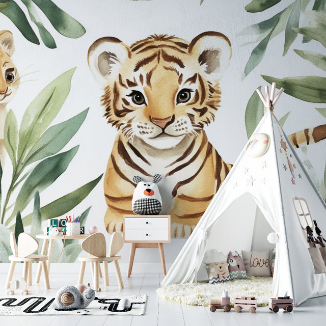 Tiger cub wallpaper mural styled in modern nursery with rocking chair and soft toys