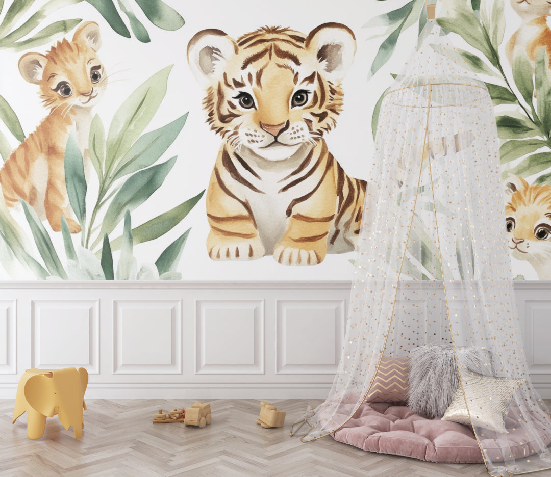 Safari tiger wallpaper styled in modern children's study area
