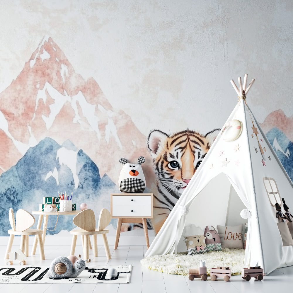Baby tiger wallpaper creating peaceful atmosphere in toddler bedroom