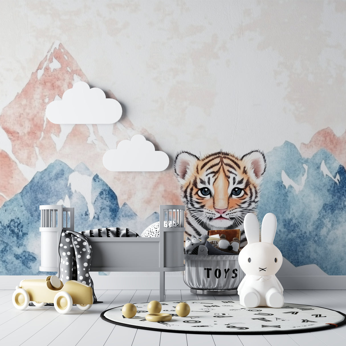 Watercolor mountain tiger mural in playroom showing scale and color depth
