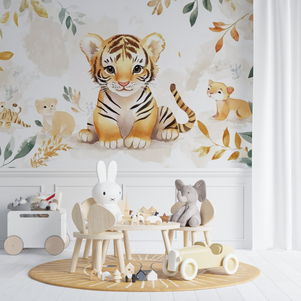 Tiger Cub Wallpaper featured in a Scandinavian-style children's bedroom with natural elements