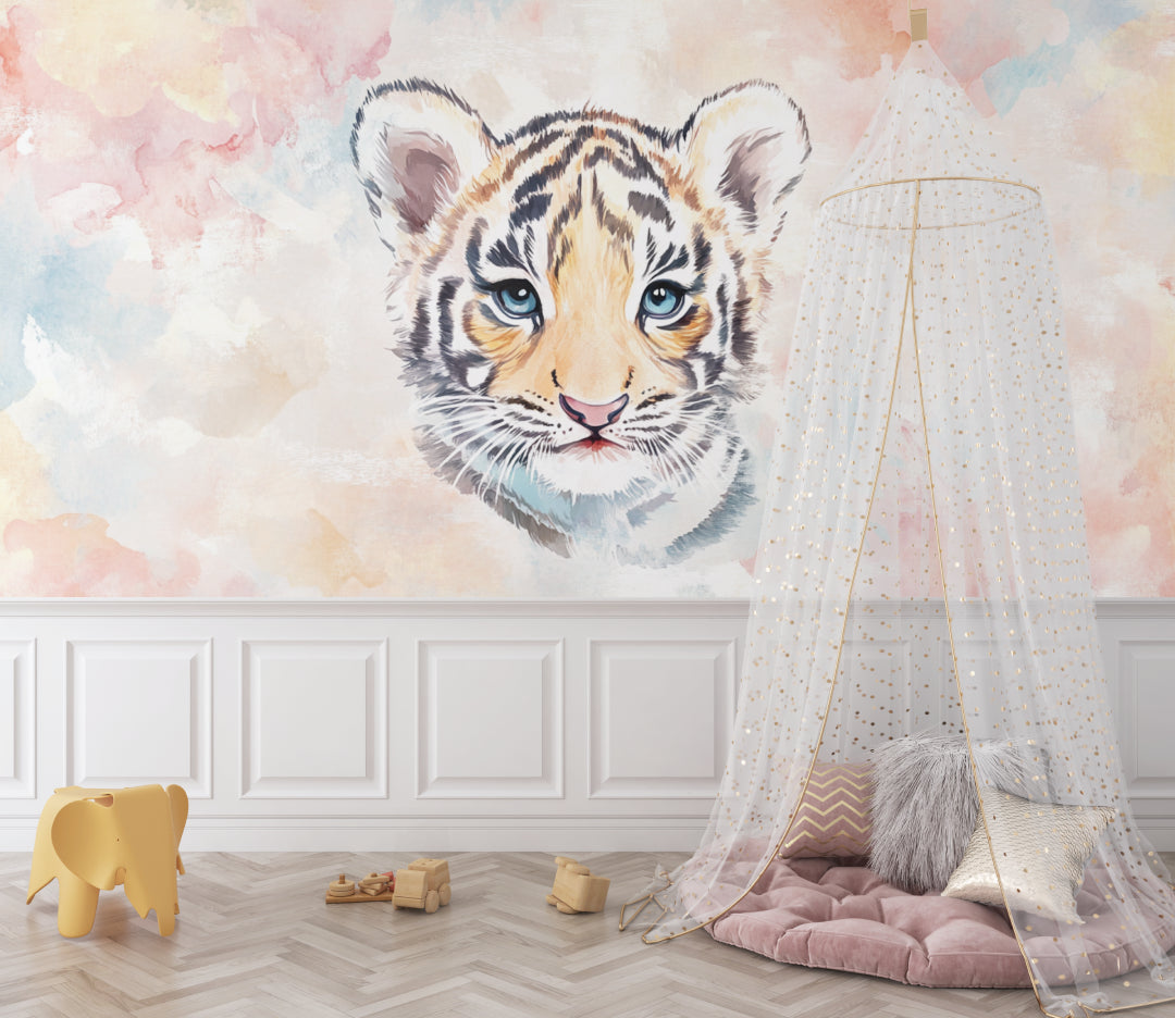 Sweet tiger cub wallpaper creates magic in this bright nursery with soft pastel accents