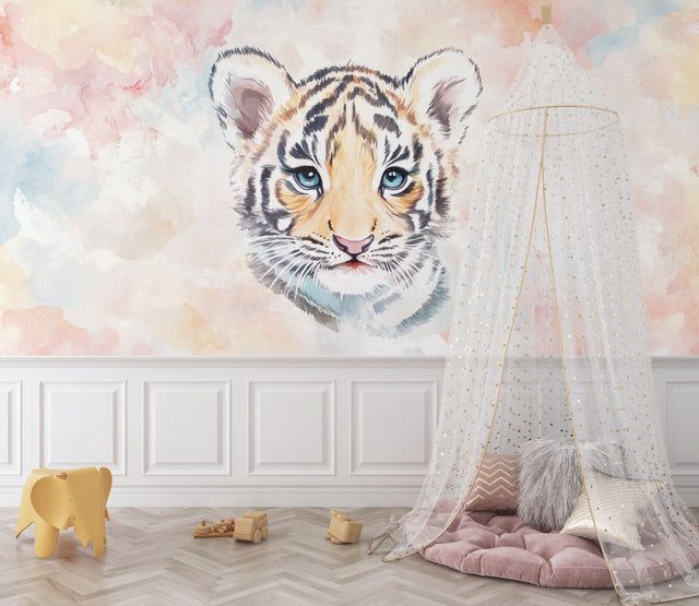 Sweet tiger cub wallpaper creates magic in this bright nursery with soft pastel accents
