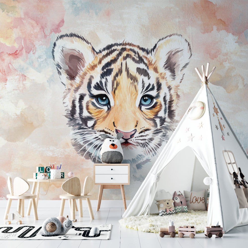 Watercolor tiger mural brings charm to this modern children's bedroom