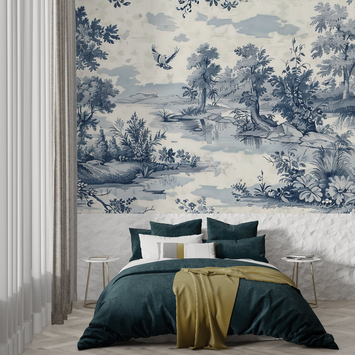 Blue Toile de Jouy wallpaper in bright living room with modern furniture