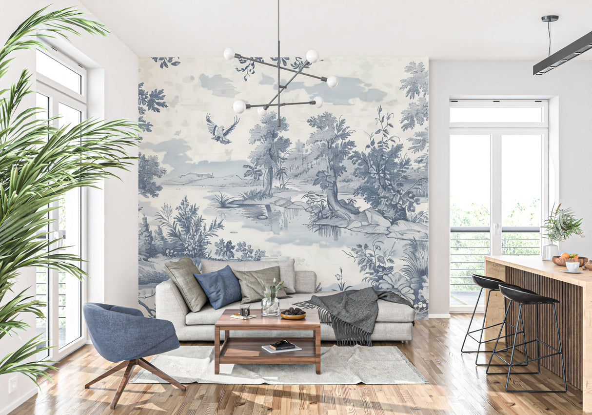 French pastoral wallpaper creating calm dining room atmosphere