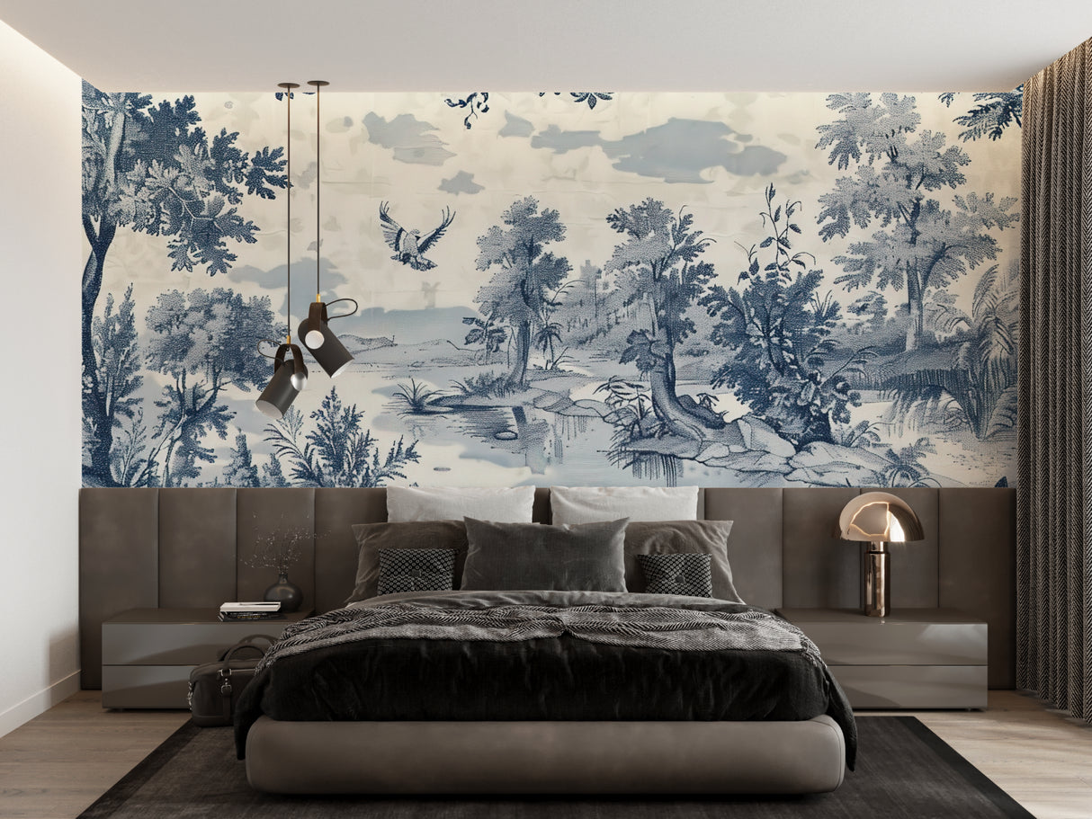 Blue and white Toile pattern in cozy master bedroom setting