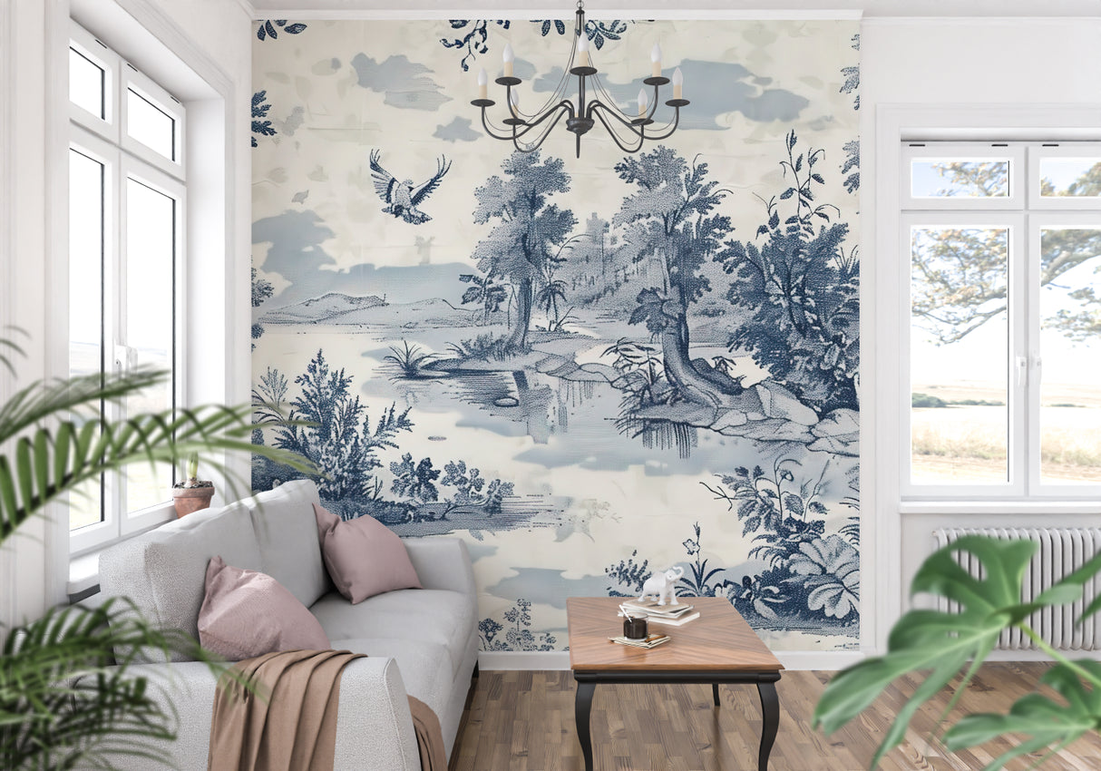 Classic Toile de Jouy mural in home office with natural light