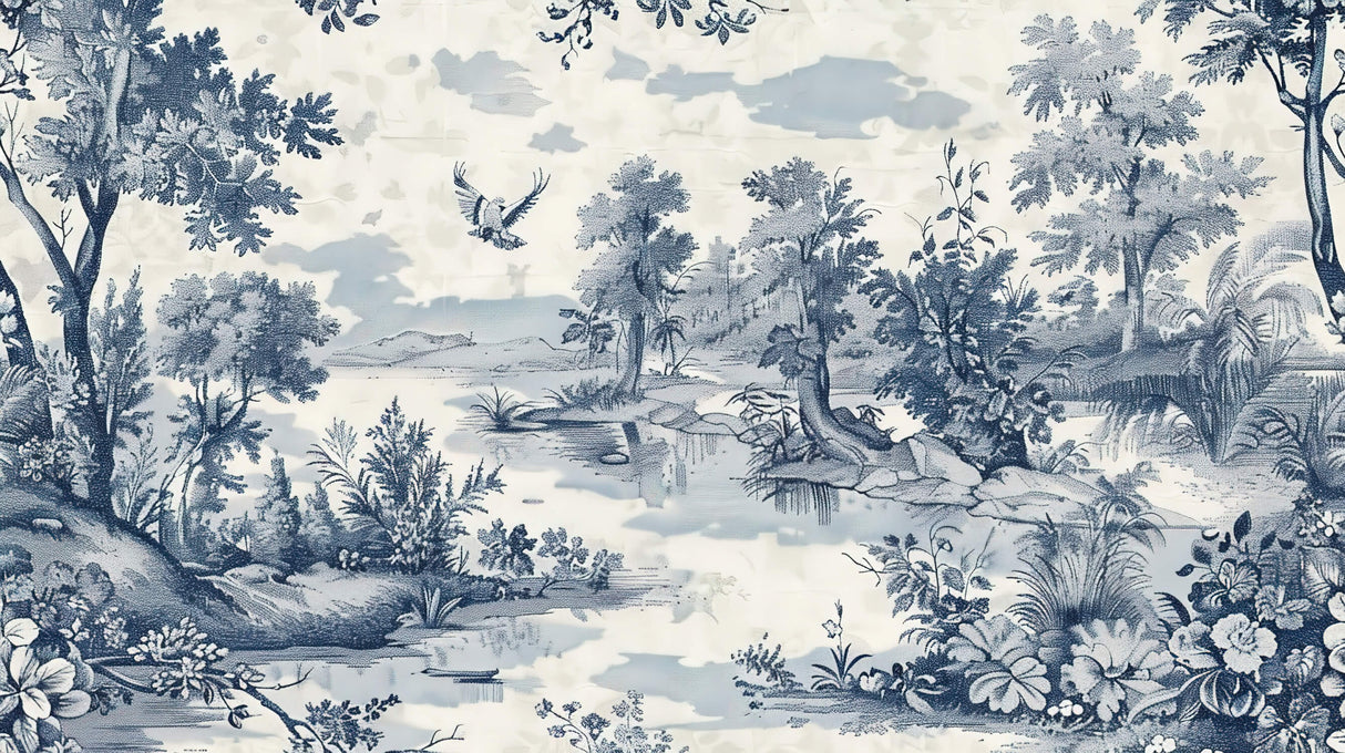 Design file showing detailed blue and white pastoral pattern of Toile de Jouy wallpaper