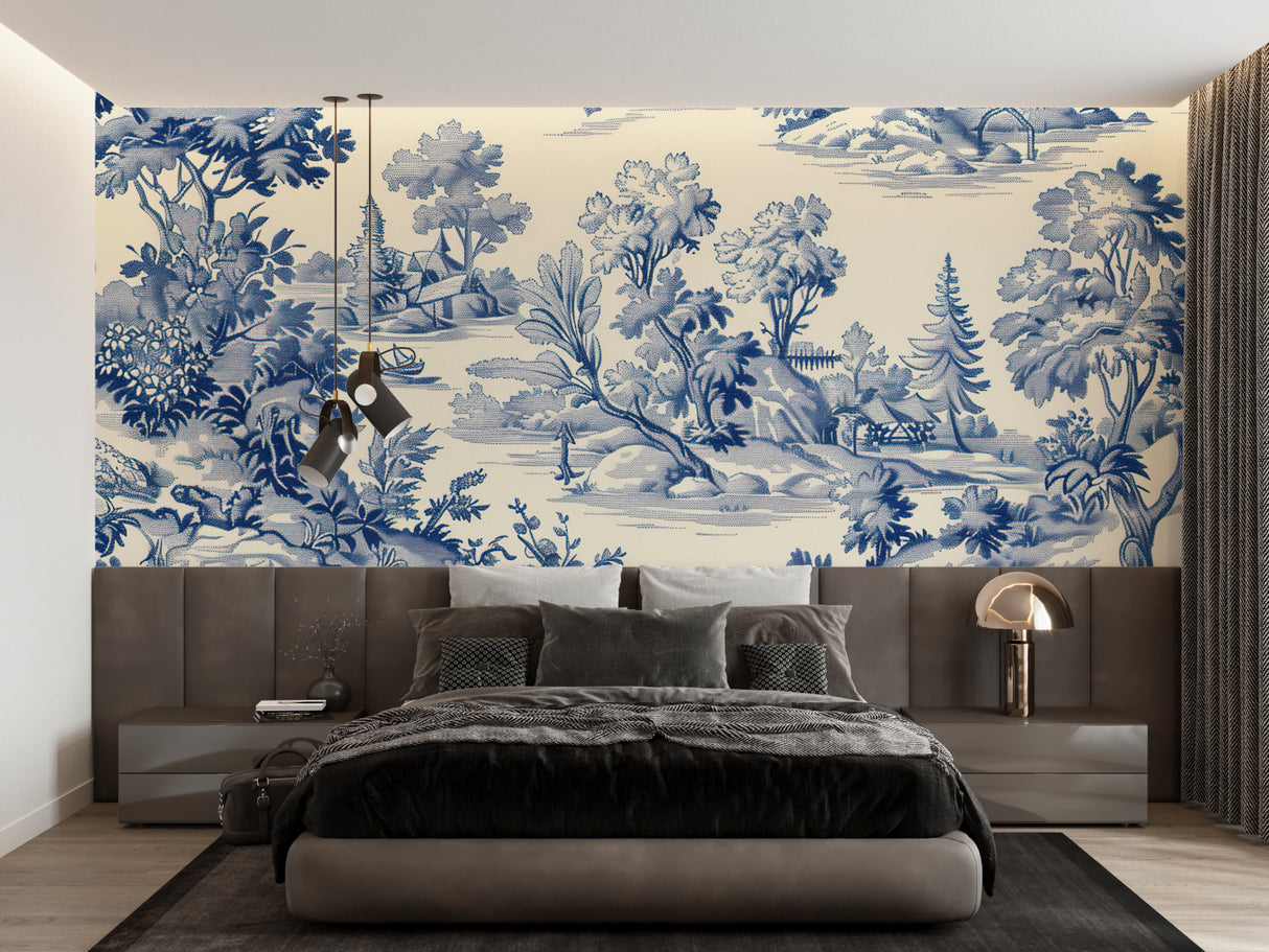 Blue Toile de Jouy wallpaper in elegant living room with cream sofa and natural light