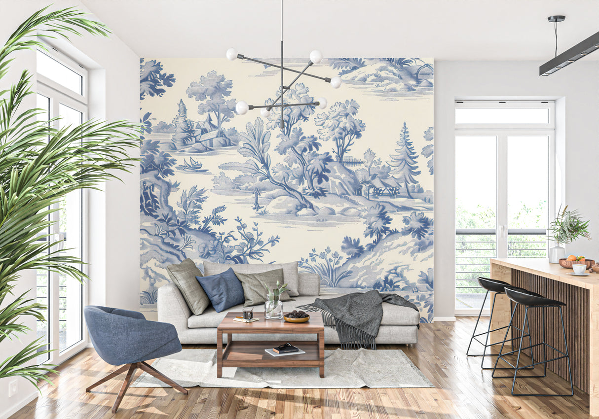 French country style dining room with blue pastoral scene wallpaper and wooden furniture