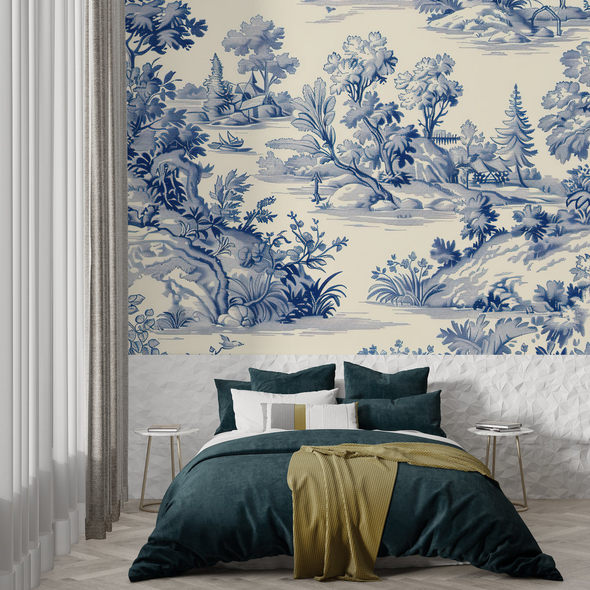 Master bedroom featuring classic toile wallpaper with blue pastoral scenes