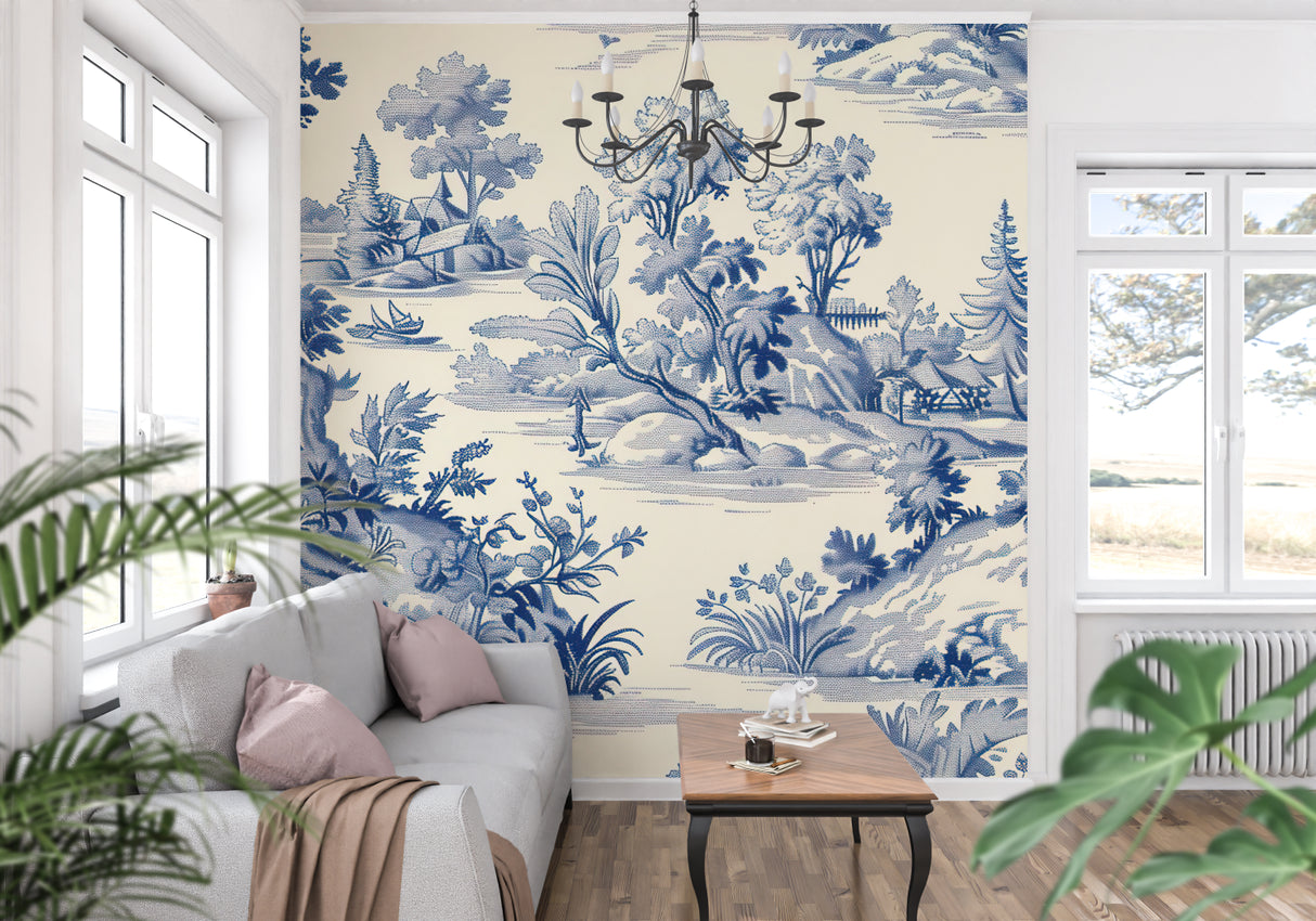 Home office with French toile de jouy wallpaper creating a sophisticated atmosphere