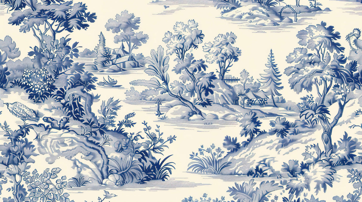 Toile de Jouy wallpaper design file showing detailed blue pastoral scenes on cream background