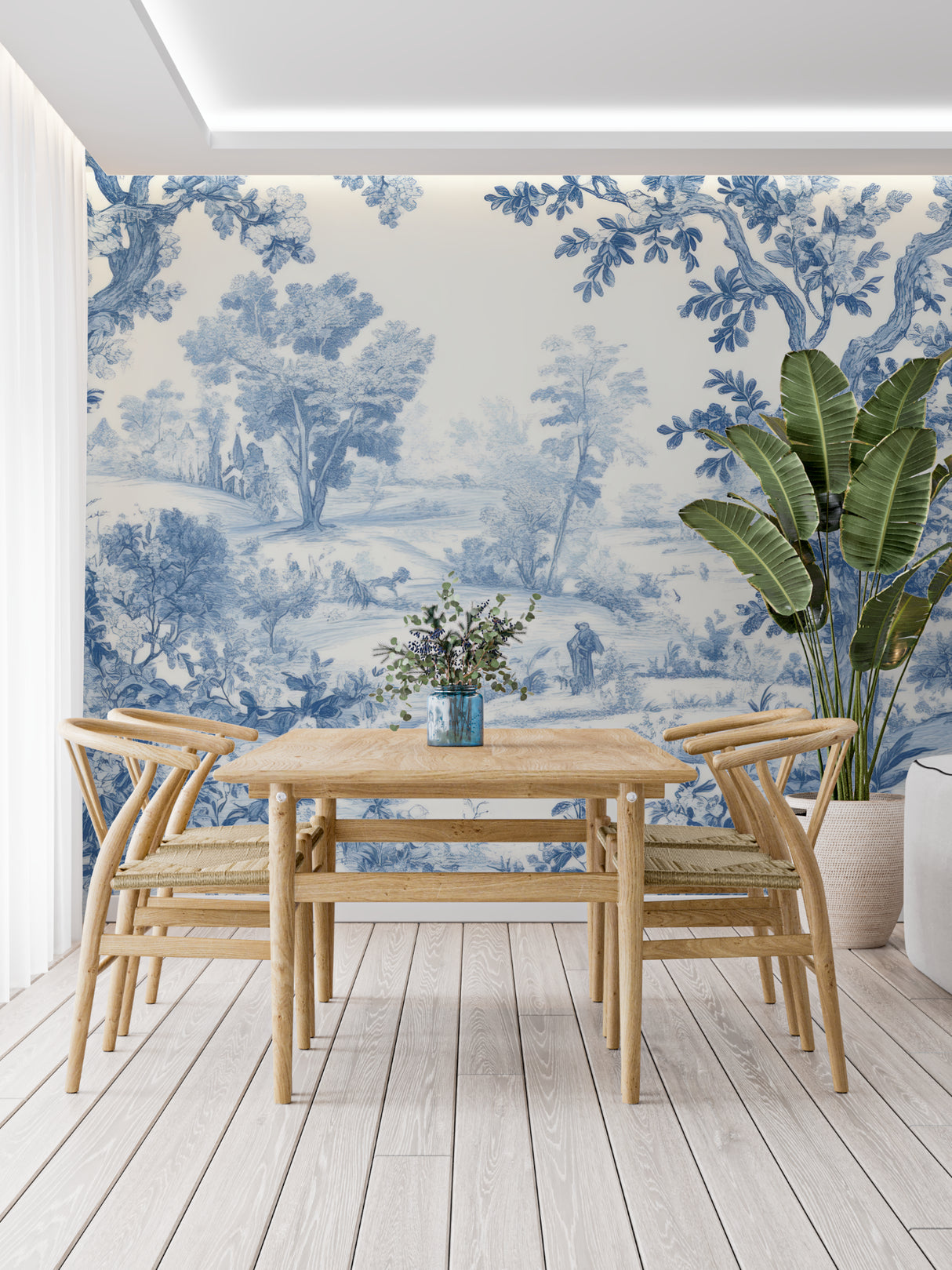 Blue Toile de Jouy wallpaper in elegant dining room, creating a sophisticated French atmosphere