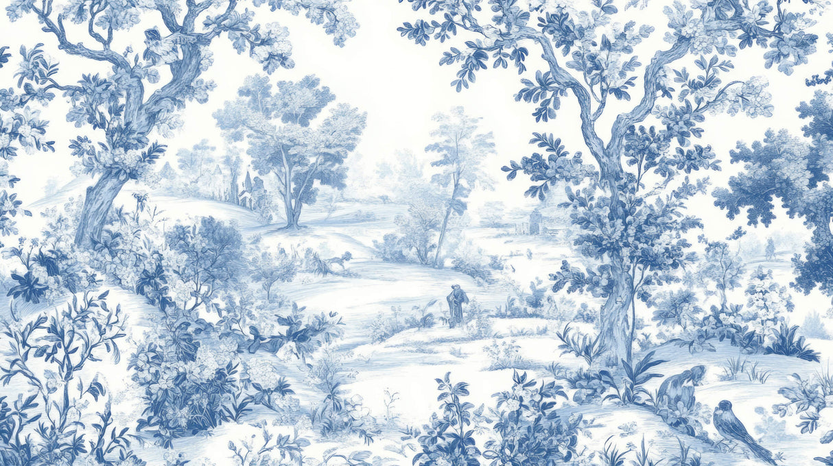 Blue Toile de Jouy forest pattern design file showing intricate pastoral details