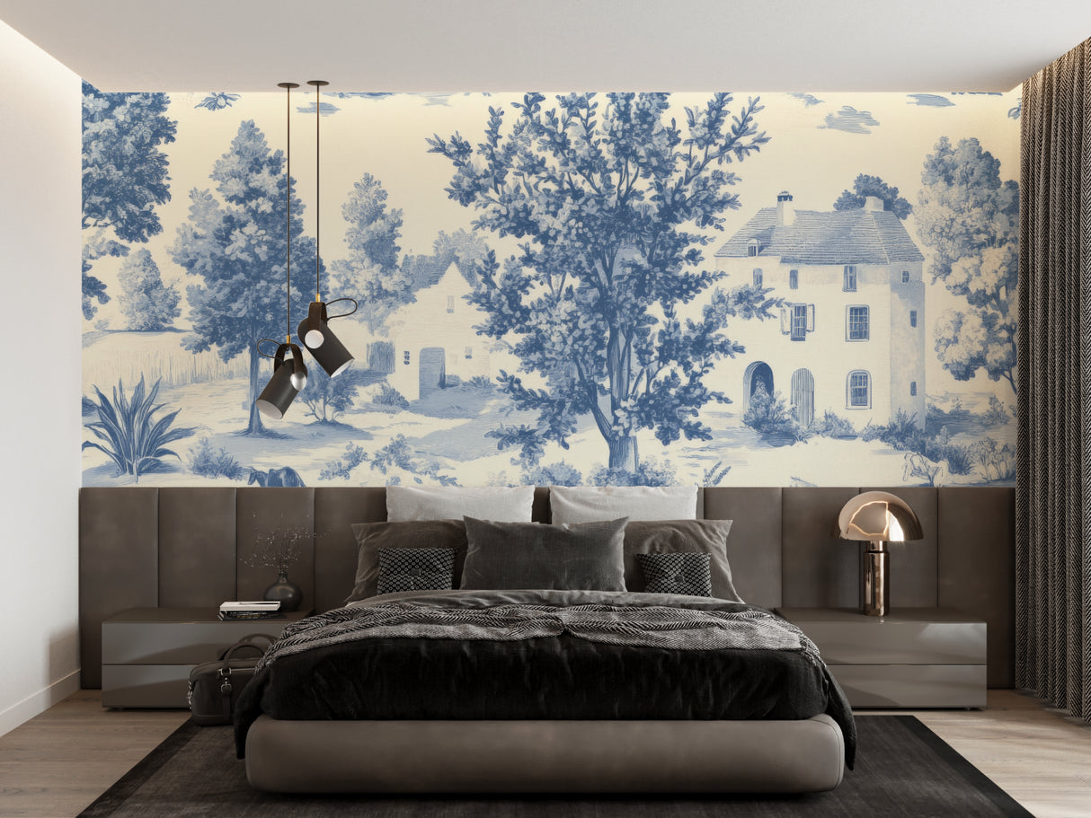 Blue Toile de Jouy wallpaper in elegant dining room with crystal chandelier and white wainscoting