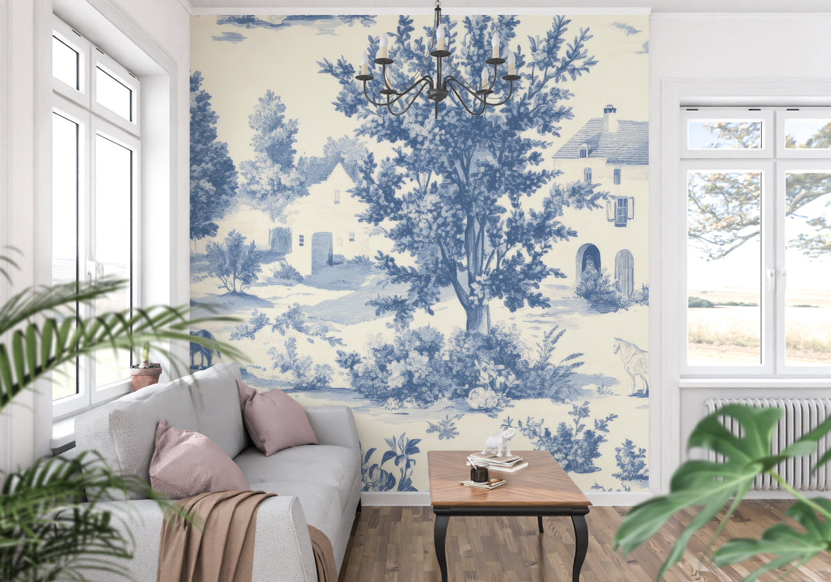 Powder room with blue toile wallpaper showing detailed pastoral scenes and brass fixtures
