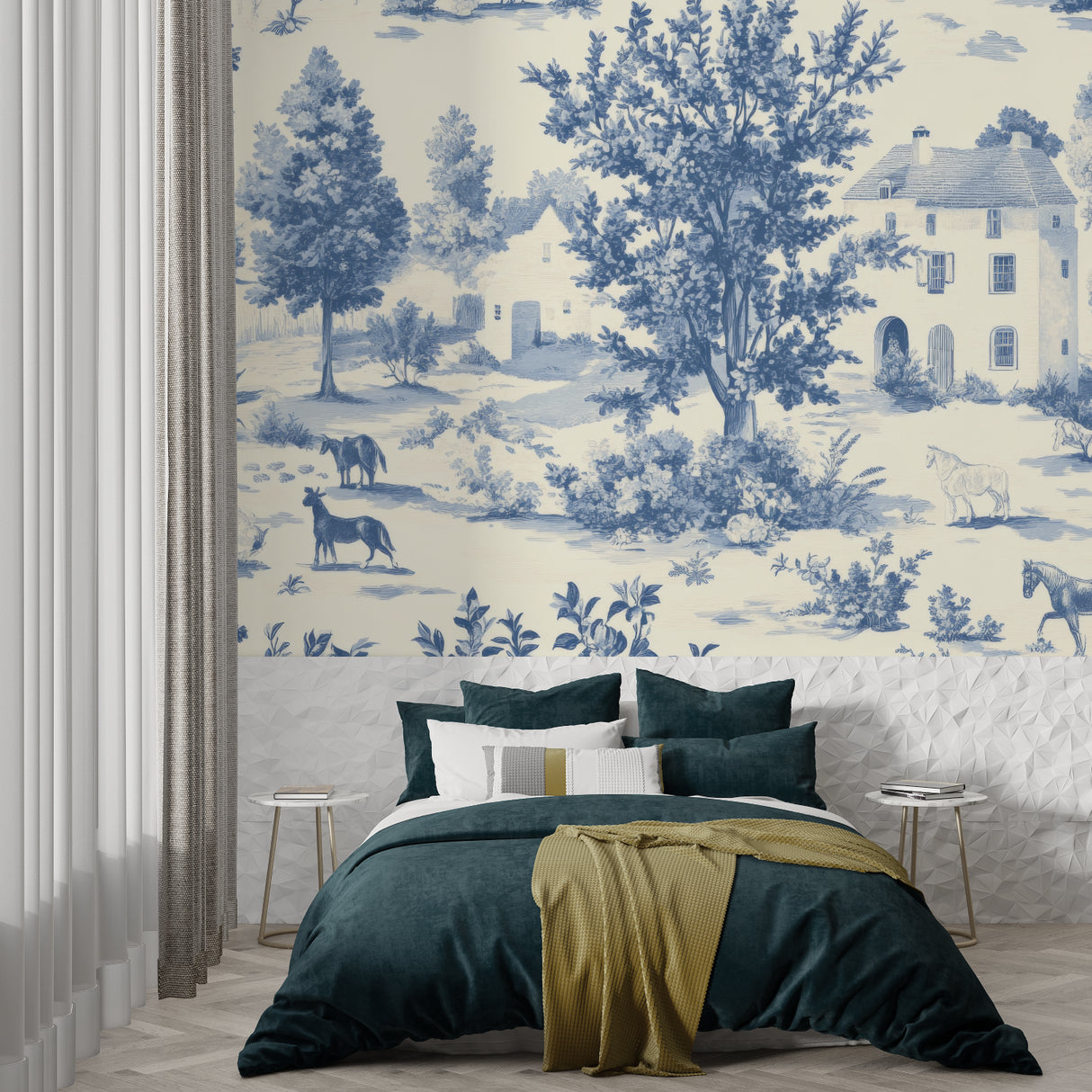 Home office featuring French toile wallpaper with built-in shelving and natural light