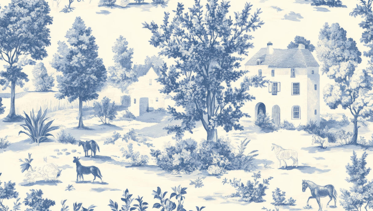 Classic blue and cream toile de jouy pattern design file showing detailed pastoral scenes and farm life