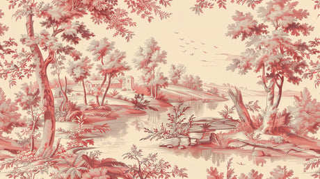 Design file showing detailed red Toile de Jouy pattern with French countryside scenes