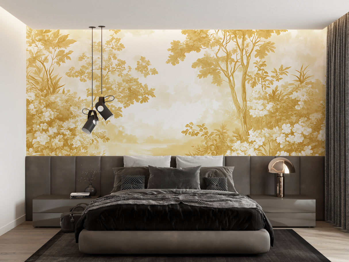 French Toile de Jouy wallpaper in elegant master bedroom, golden floral pattern creates soft, warm ambiance