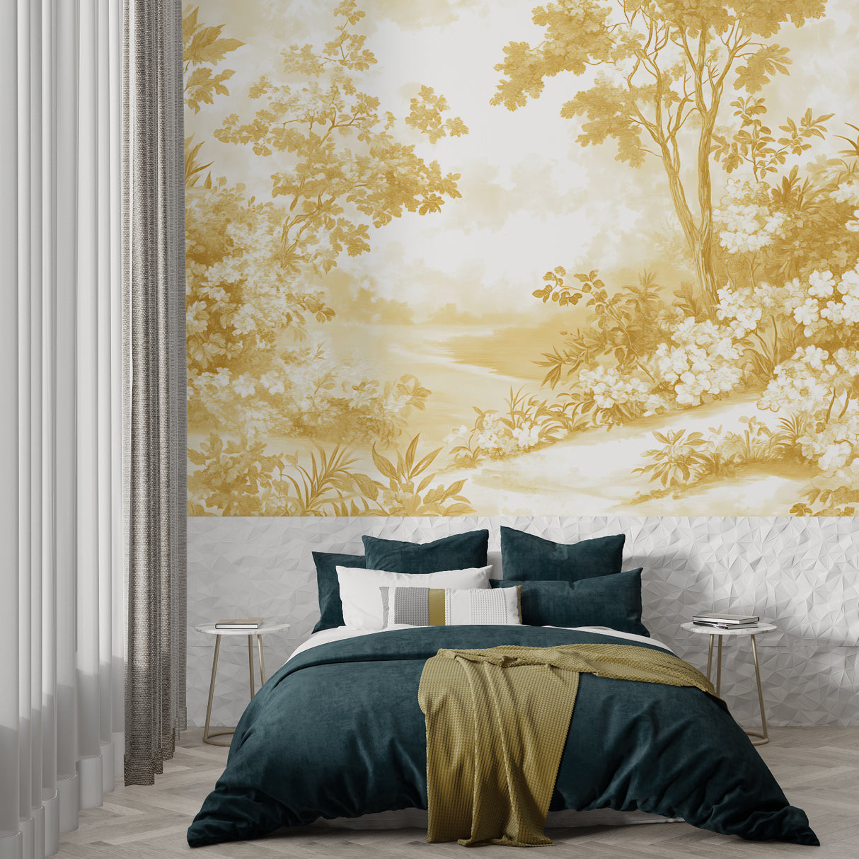 Golden garden scene wallpaper in classic dining room, French country style with modern touches