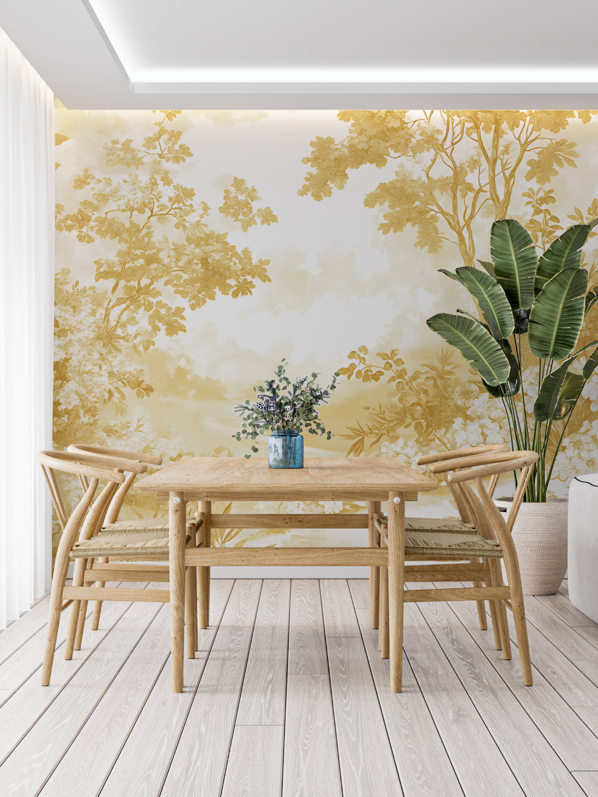Toile de Jouy mural in cozy reading nook, warm golden tones complement natural lighting