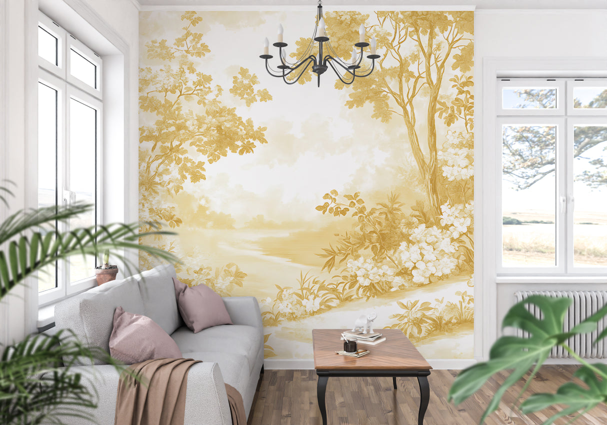 French garden wallpaper bringing elegance to hallway, golden botanical details shine