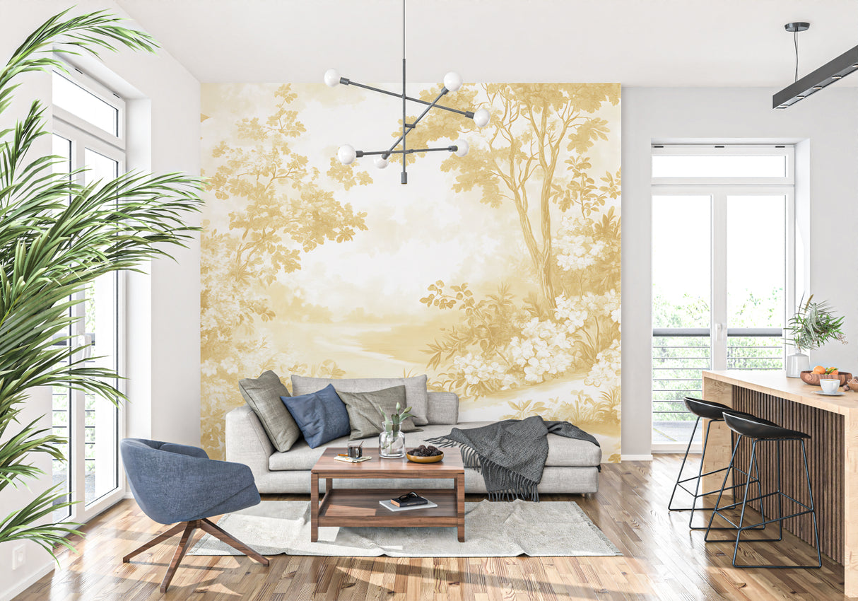 Golden floral Toile de Jouy pattern in powder room, creating luxurious atmosphere