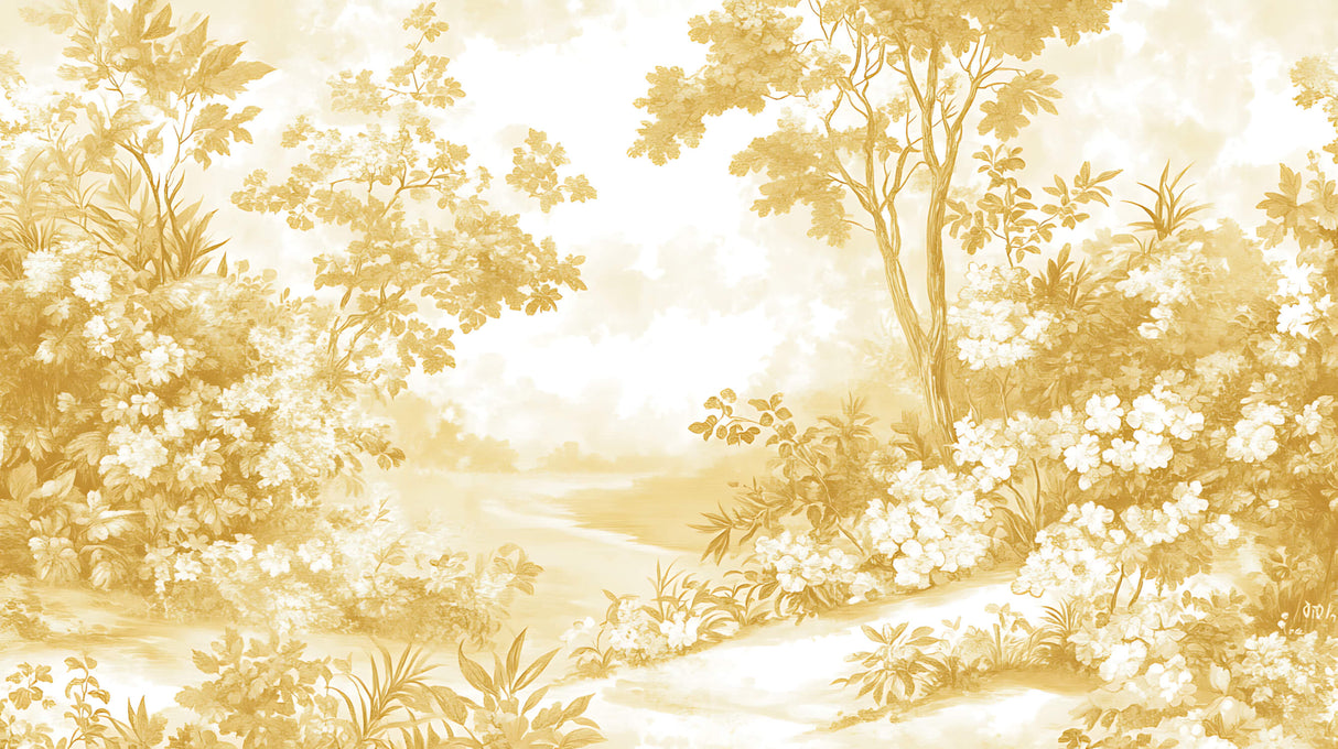 Toile de Jouy wallpaper design file showing intricate golden garden pattern on cream background