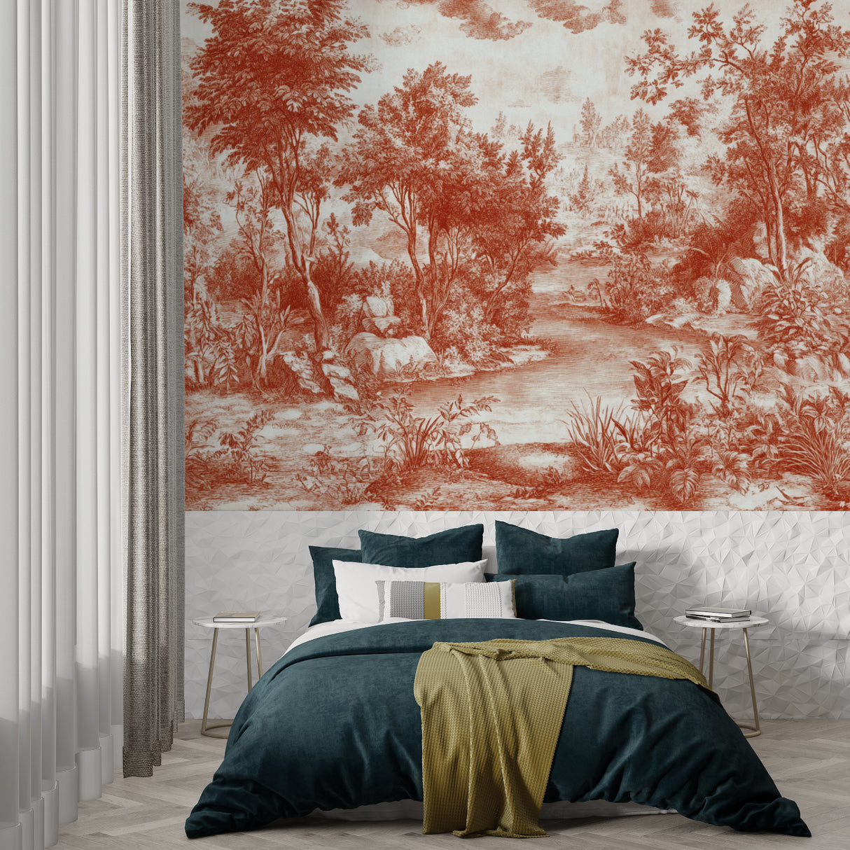 Terracotta Toile de Jouy wallpaper in elegant dining room with crystal chandelier