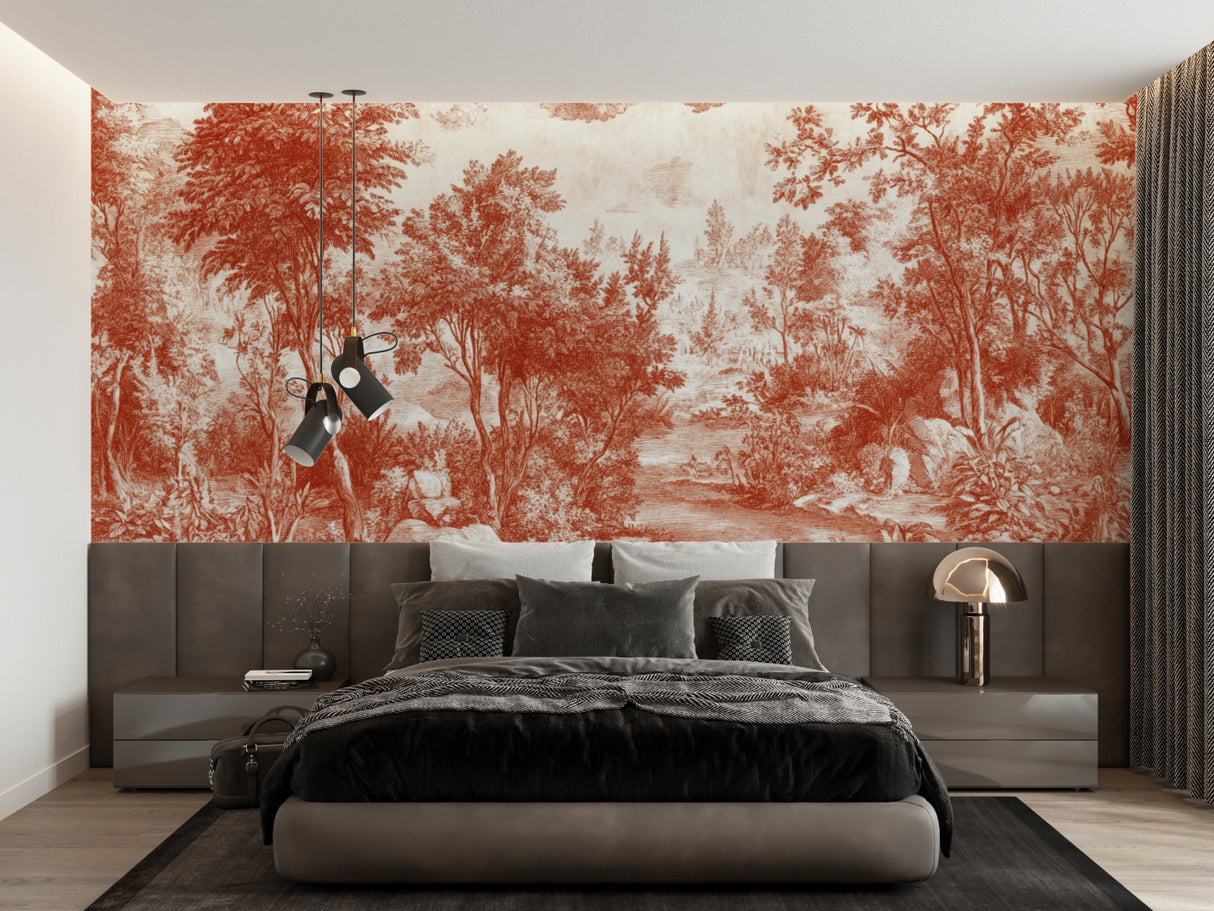 French countryside scene wallpaper creating cozy reading nook atmosphere