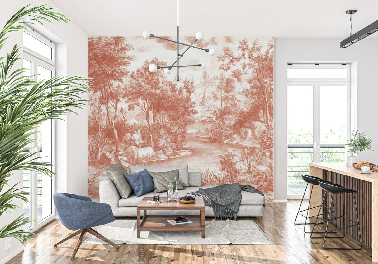 Vintage Toile pattern mural in modern living room setting