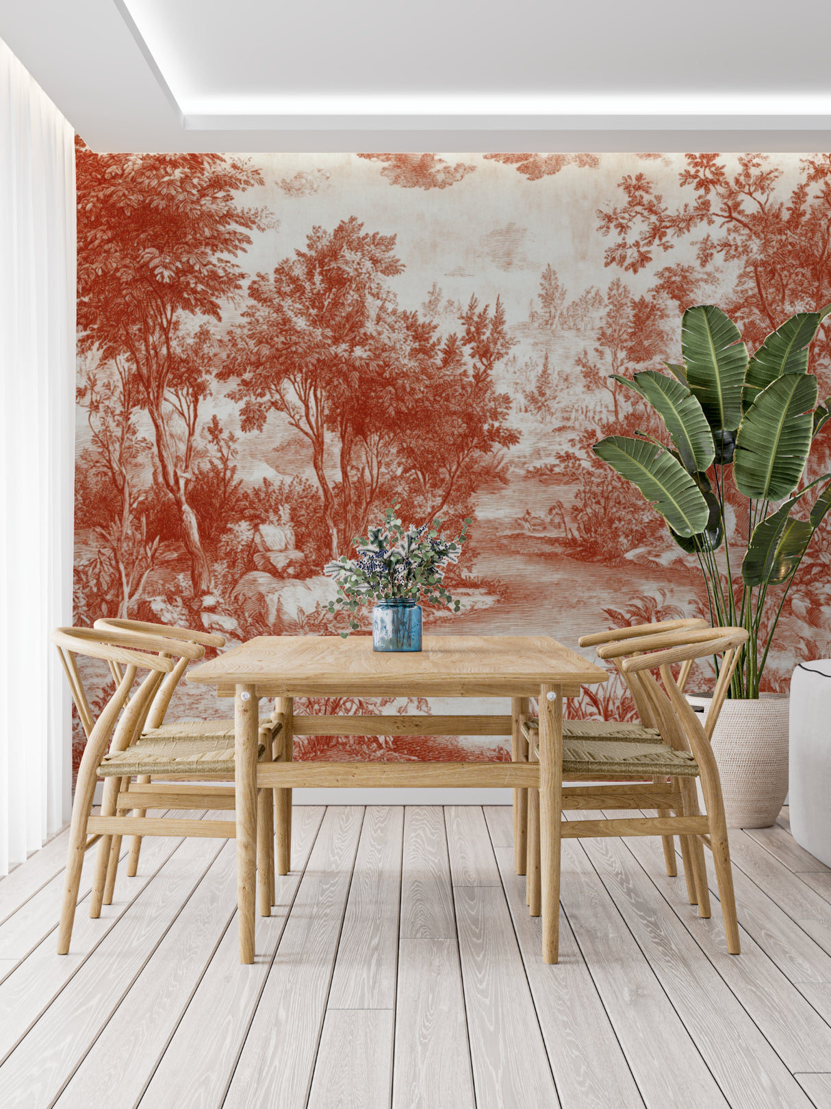 Terracotta forest scene wallpaper in master bedroom with white furniture