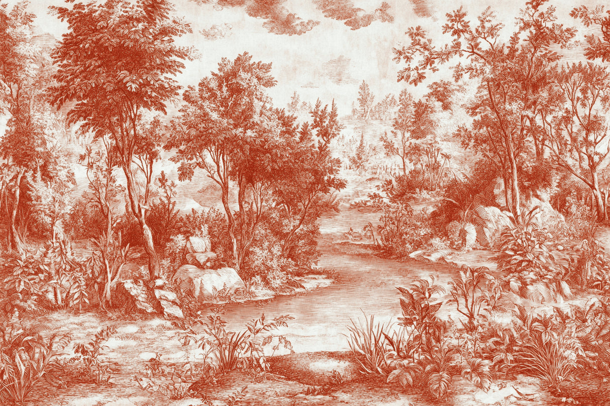 Terracotta Toile de Jouy forest scene design file showing intricate pattern details