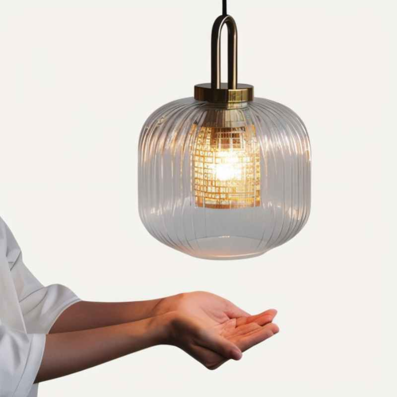 Modern Glass Pendant Light Ribbed Design With Brass Accent - Detailed view
