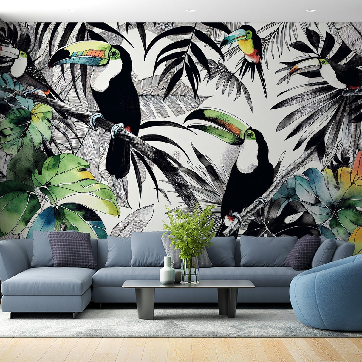 Black and white toucan wallpaper in modern living room showing scale and dramatic impact