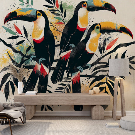 Tropical bird wallpaper with toucans creating a stunning focal point in a modern living room with natural light